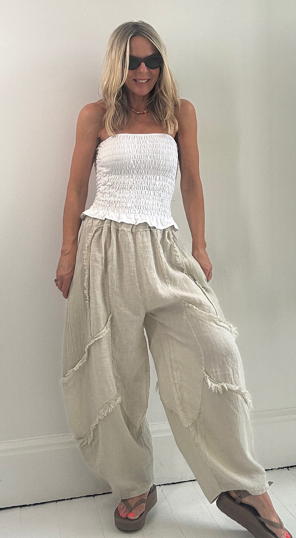 Frayed detail linen pants stone