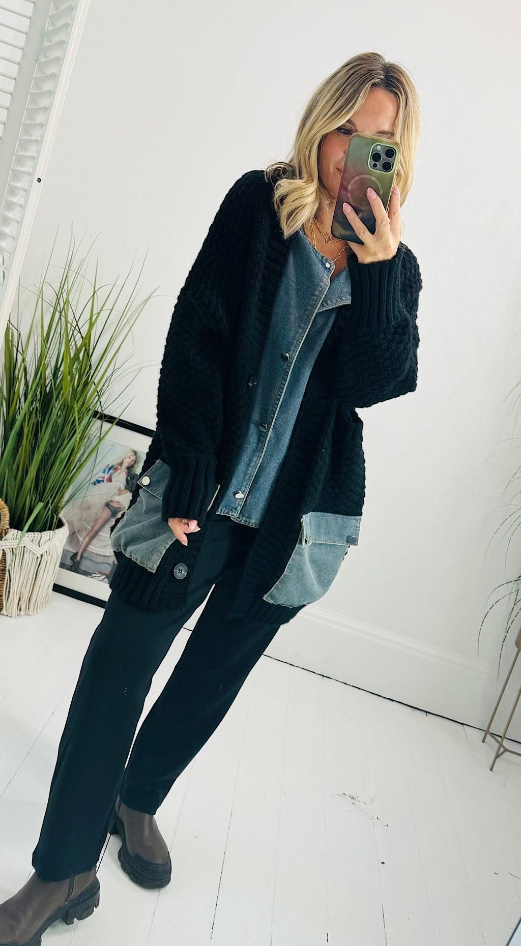 Denim Mix Cardigan Black