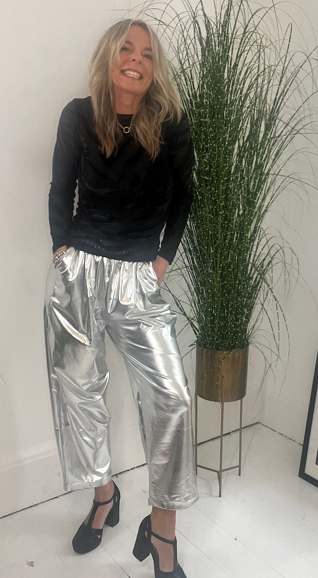 silver metalic pants