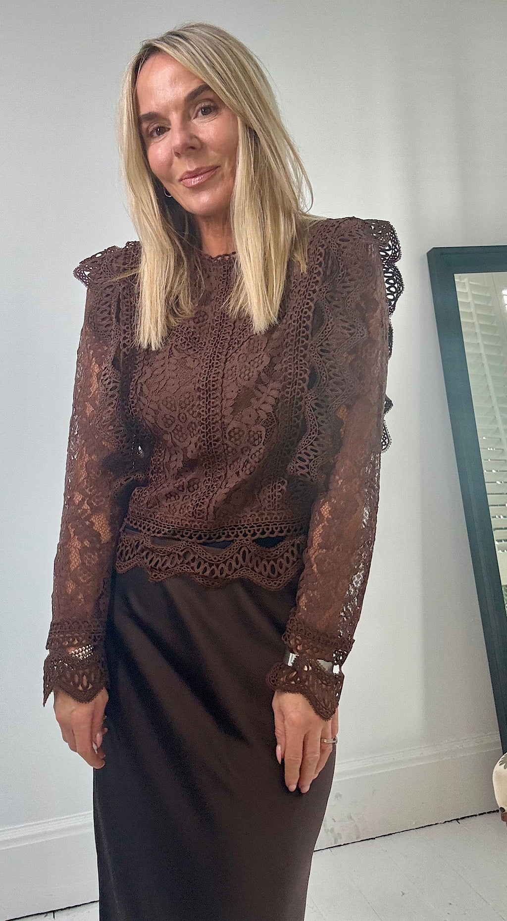 French lace long sleeve top brown