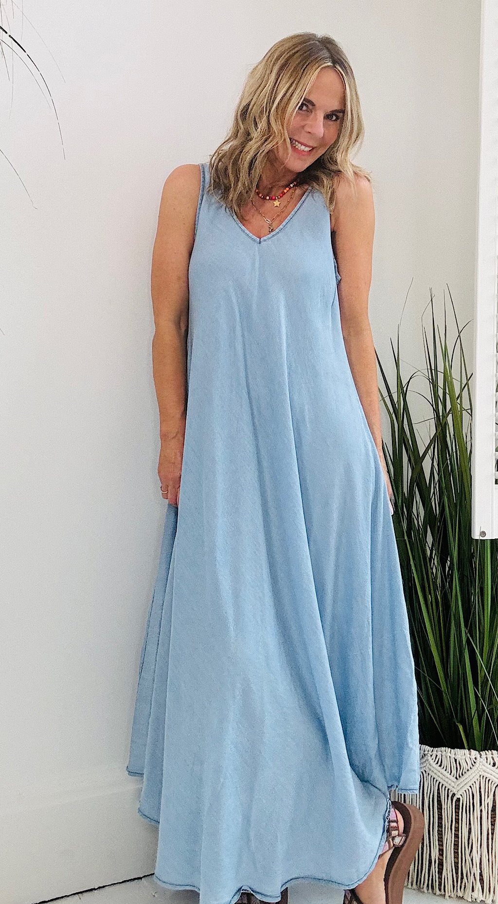 Denim Look V-Neck Maxi