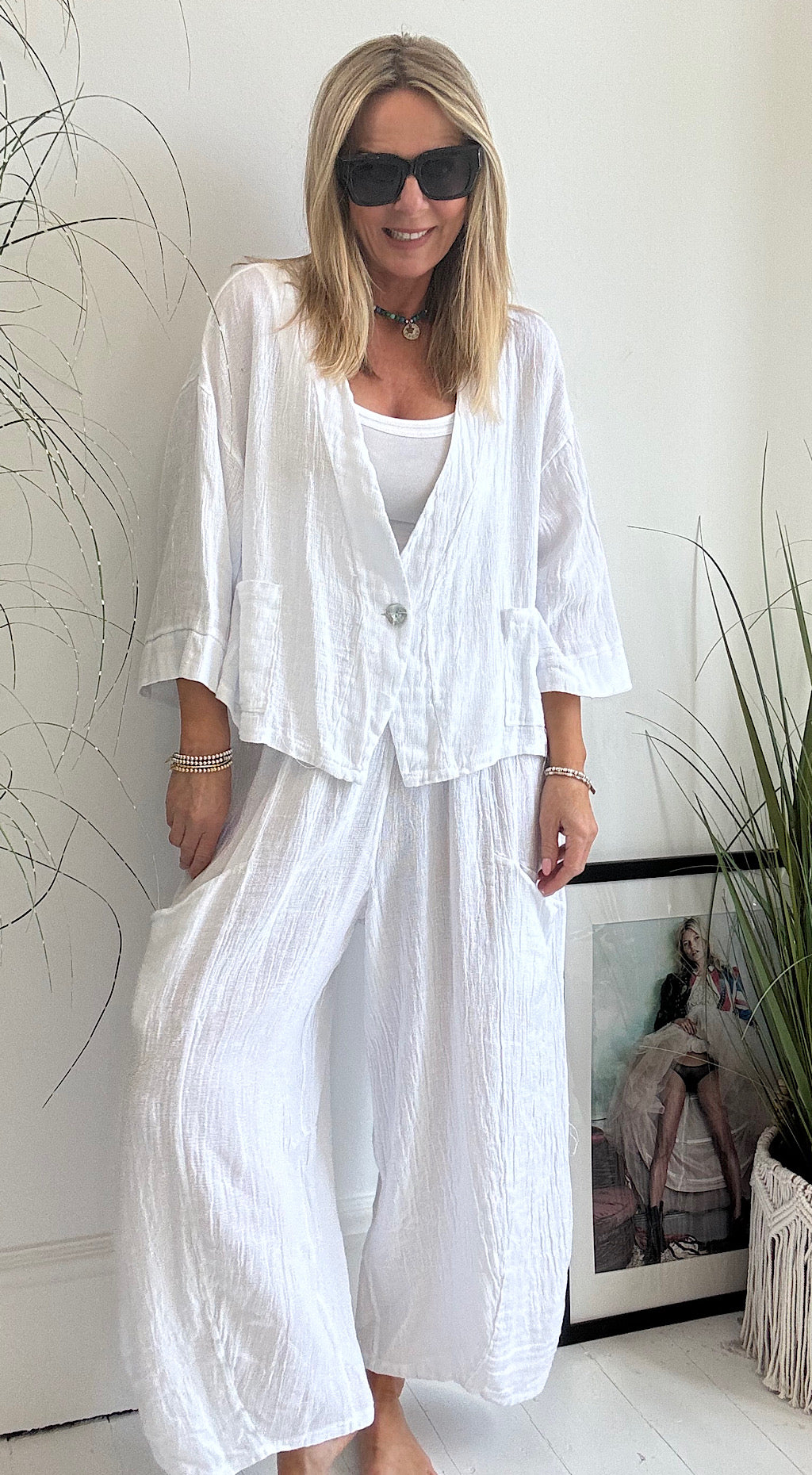 Linen tea bag pants white