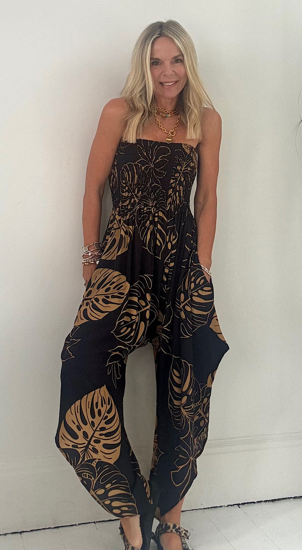 Leaf print hareem jumpsuit black