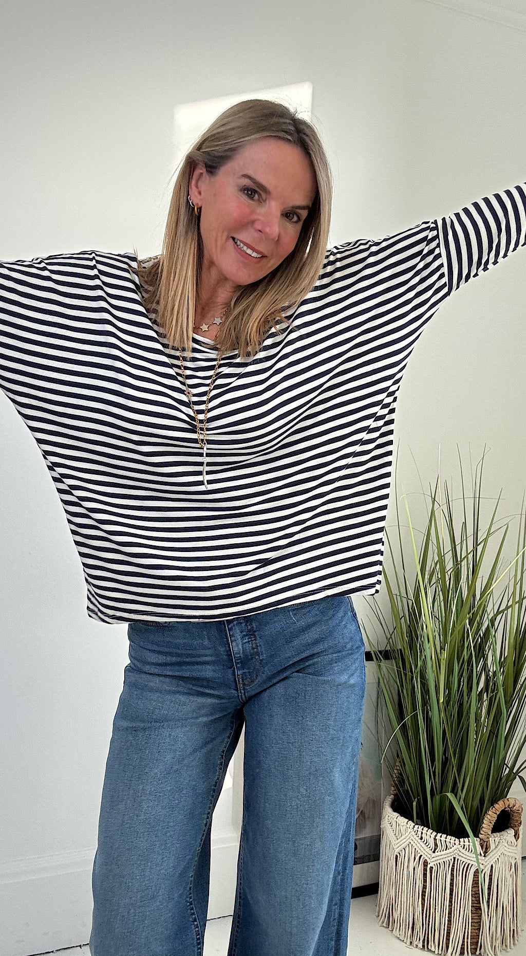 Basic Batwing Striped Top - navy