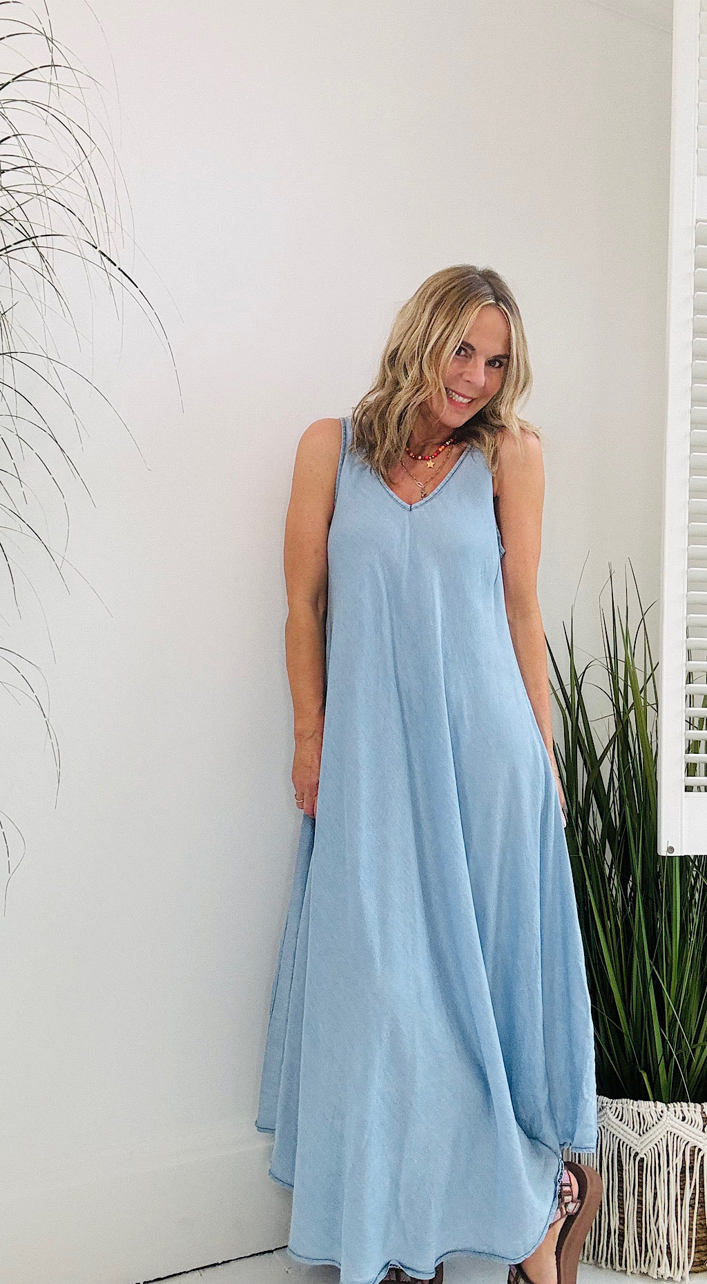 Denim Look V-Neck Maxi