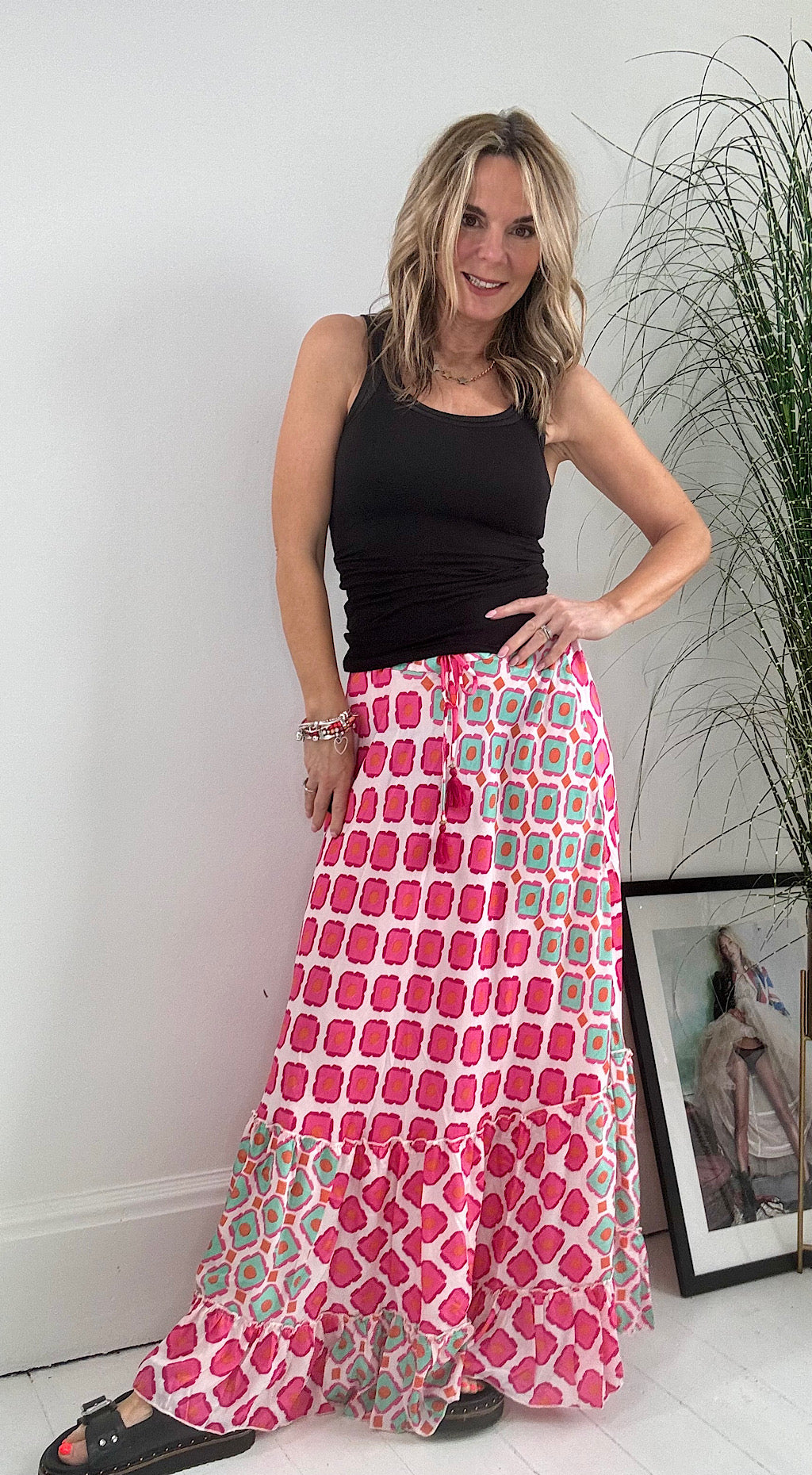 Retro print maxi skirt - pink mix