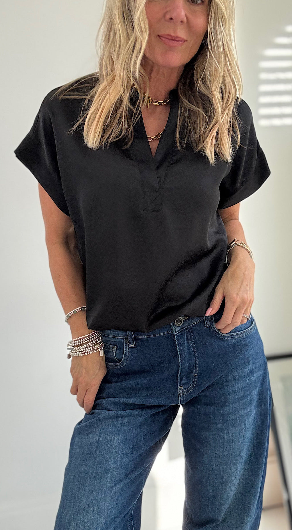 Selita Placket Neck Blouse - Black