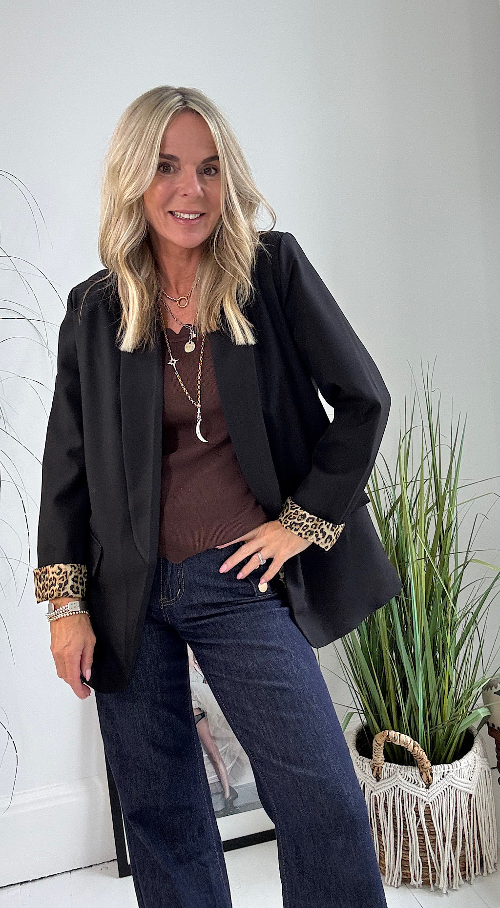 Leopard Lined Blazer - Black