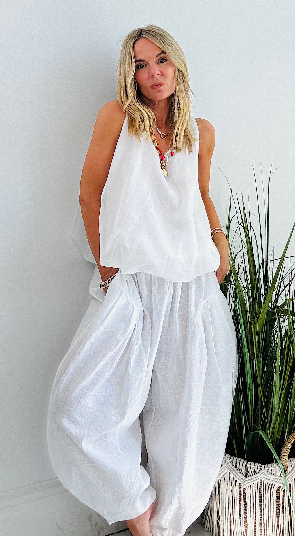 Linen Cocoon Barrel Pant - white