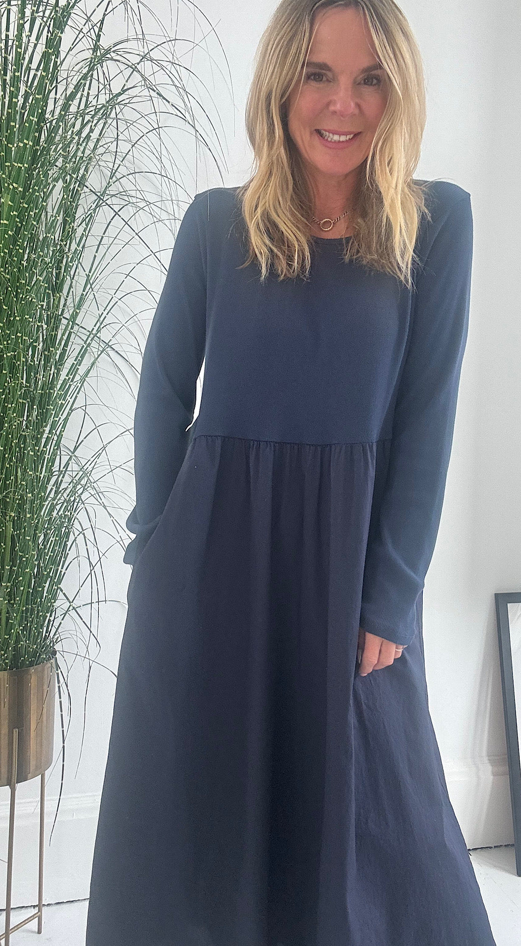 Ribbed Body Cotton Dress - navy