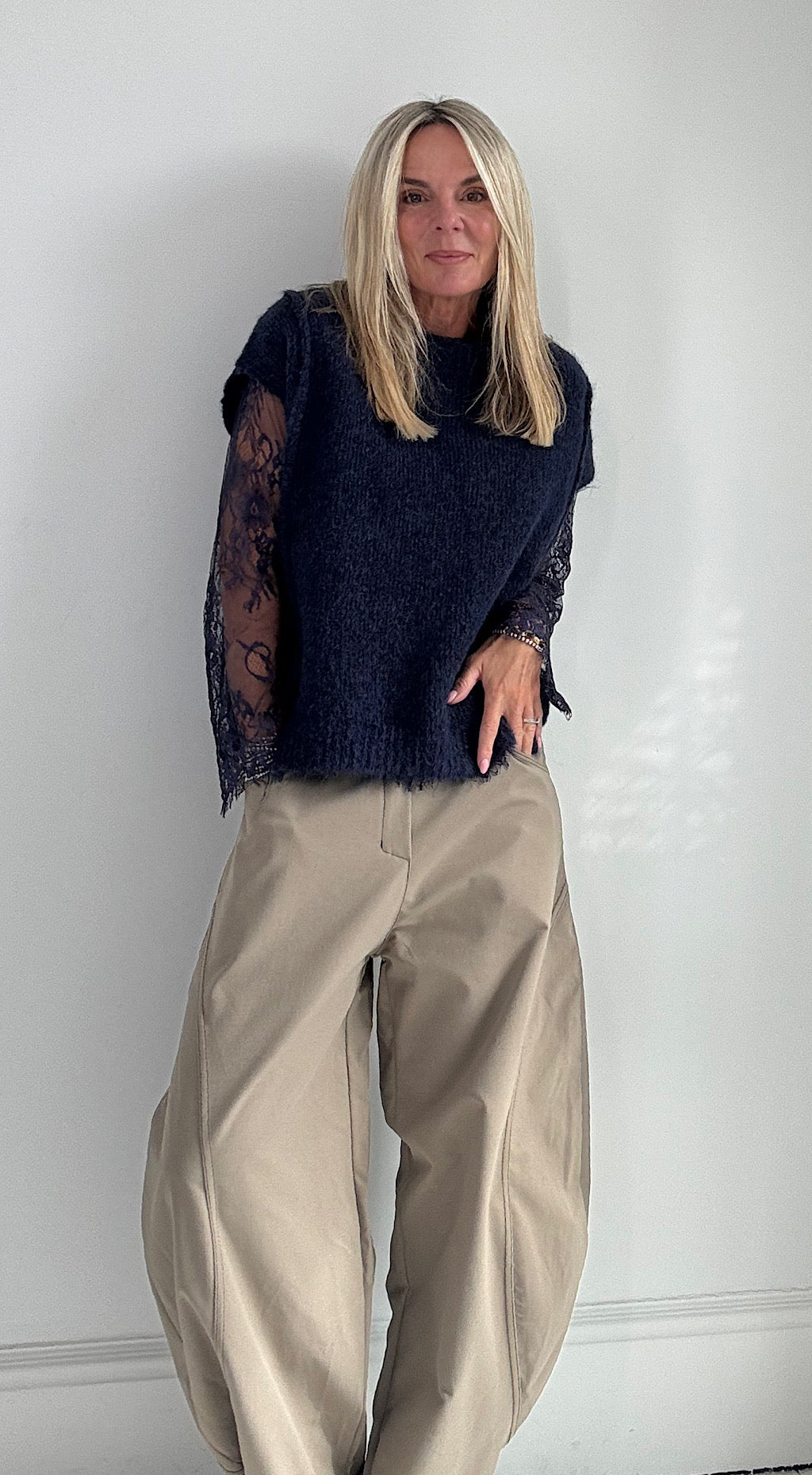 Lace Sleeve Knit - navy