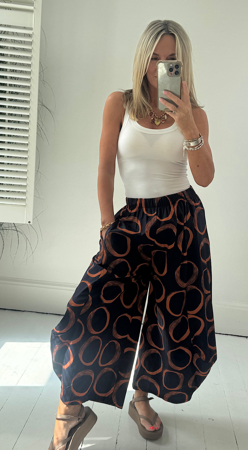 Cotton circle cocoon pants navy / burnt orange