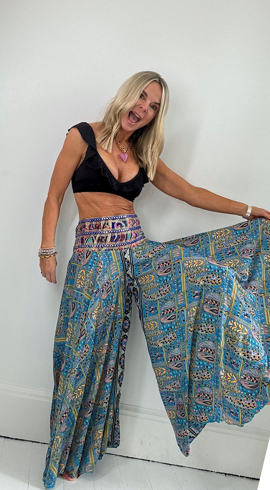 Indian silk palazzo pants turq print