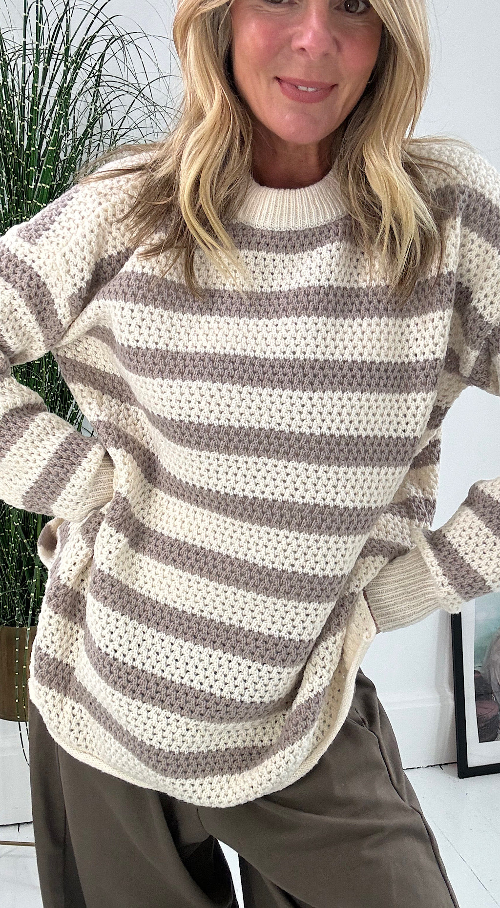 Waffle Striped Knit - mocha/cream