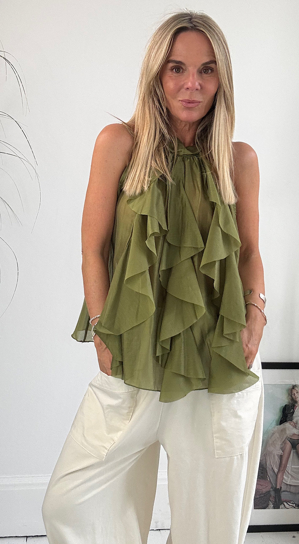 Frill Front Top Olive