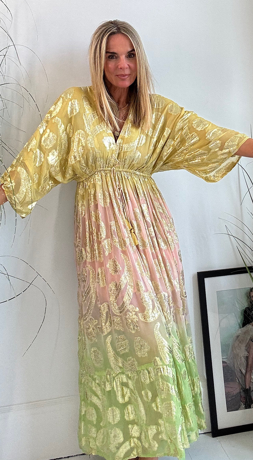 Kasturi Foil Print Dress - yellow mix