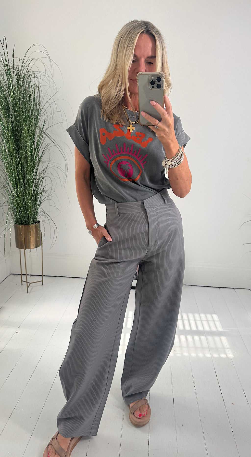 Barrel leg pinstripe trousers