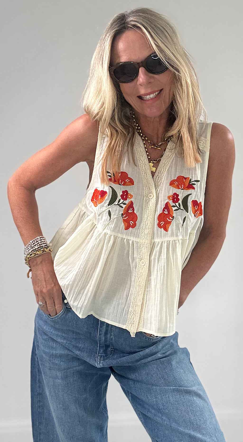 Peplum Embroidered Top - cream