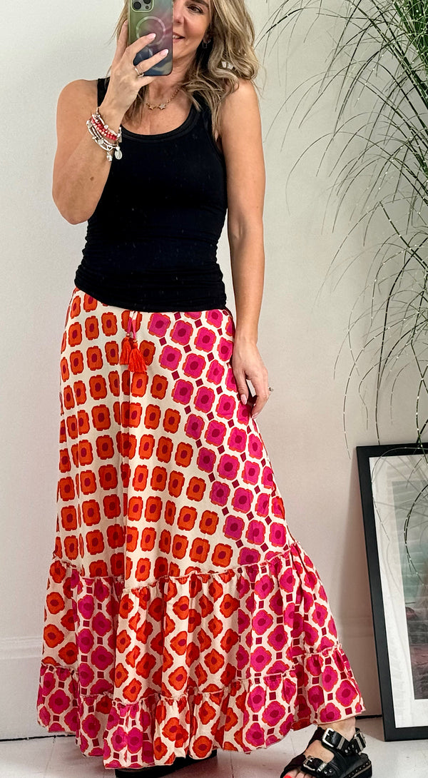 Retro print maxi skirt - orange mix