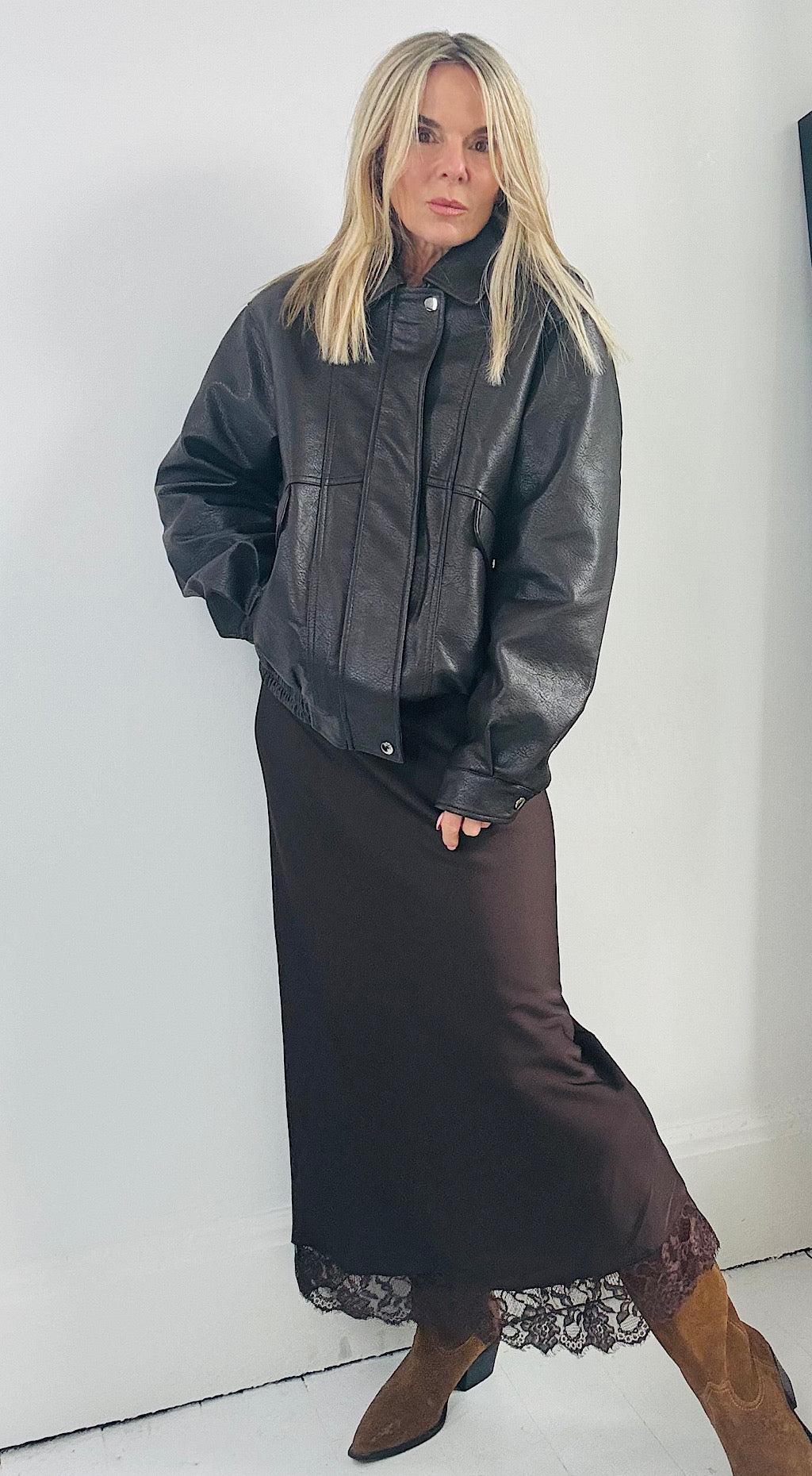 Oversized dark brown pleather jacket