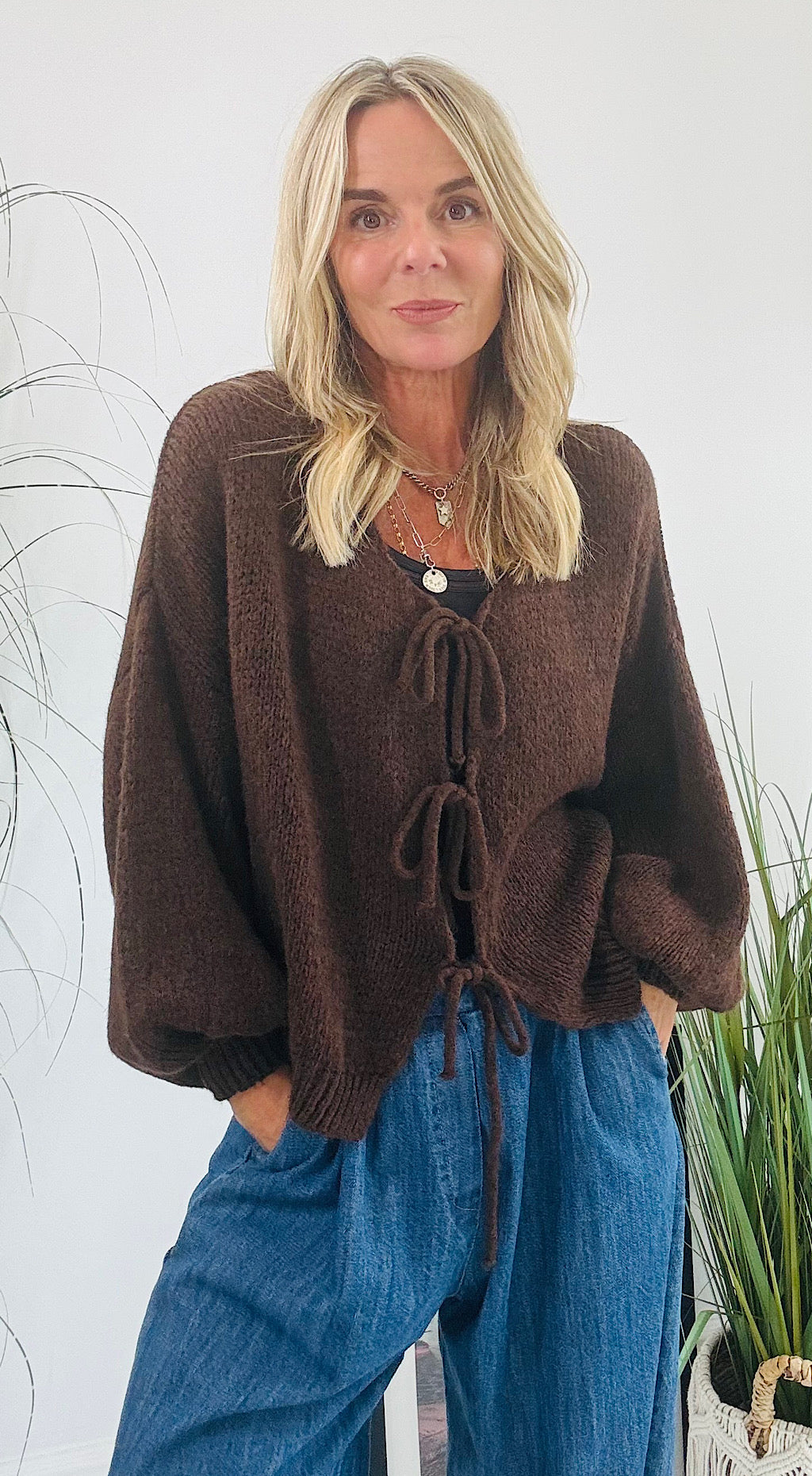 Tie Front Cardigan - chocolate