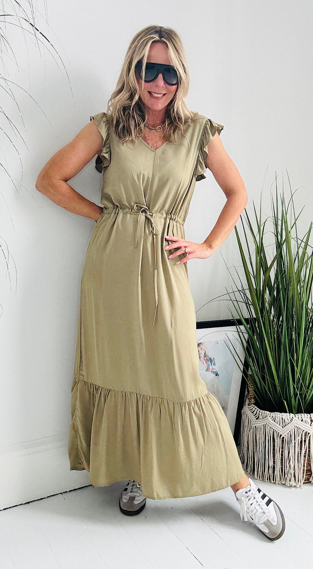 joella frill maxi dress khaki