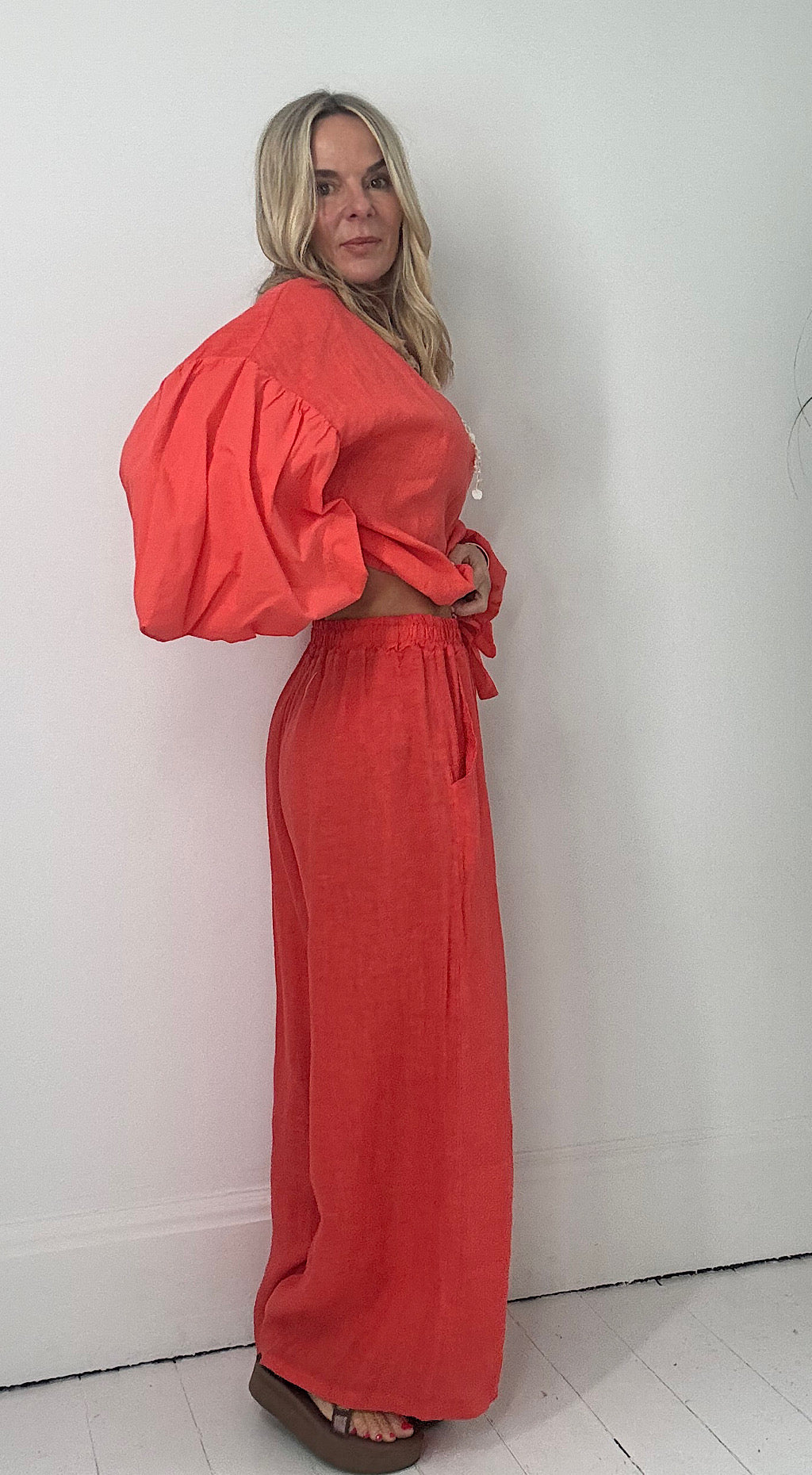 Wide Leg Linen Pant - coral