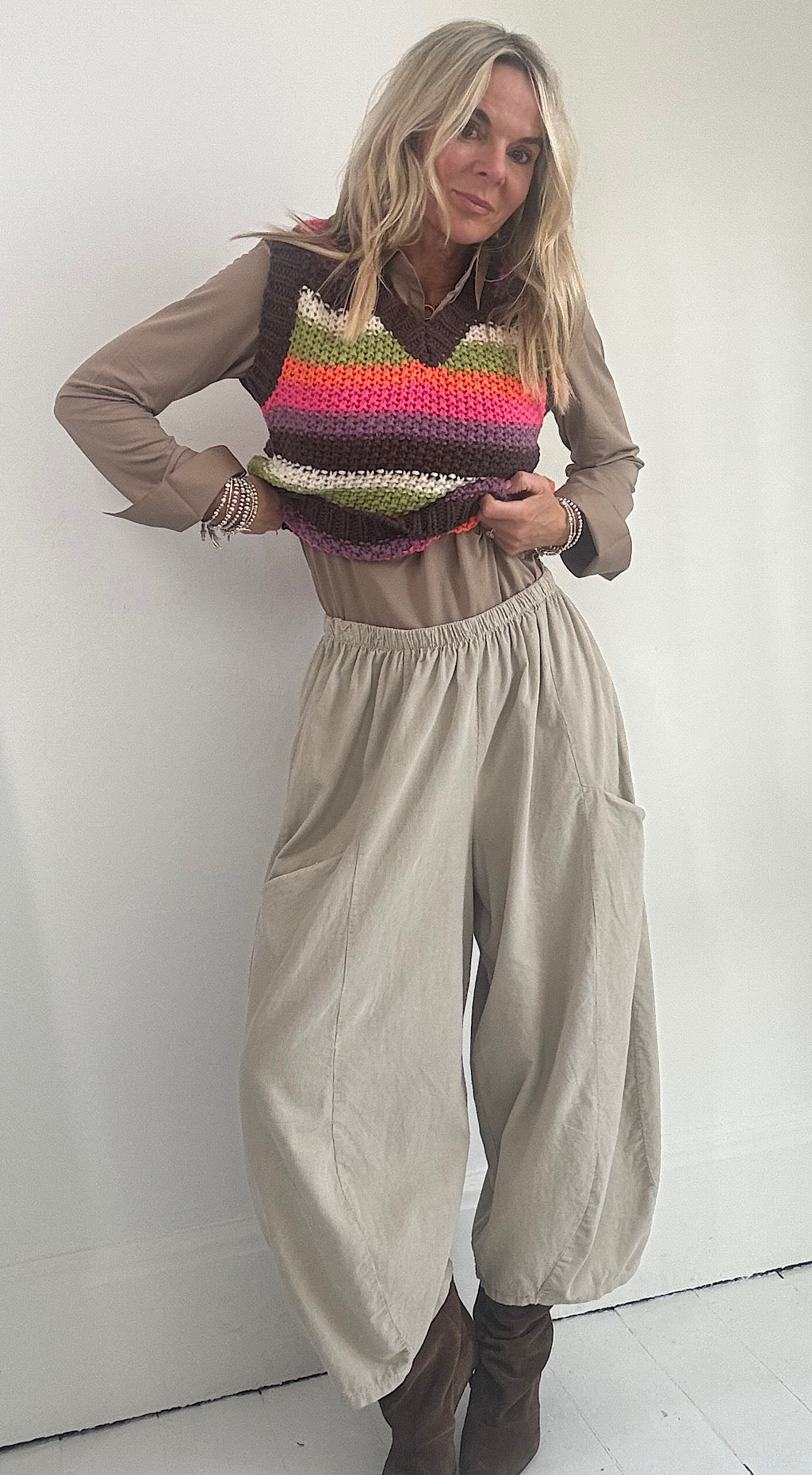 Cord Barrel Leg Trousers - Stone