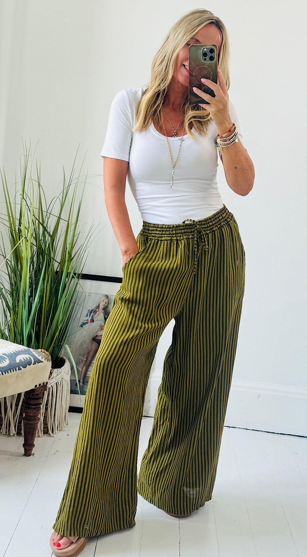 Linen Striped Pant - green/brown mix