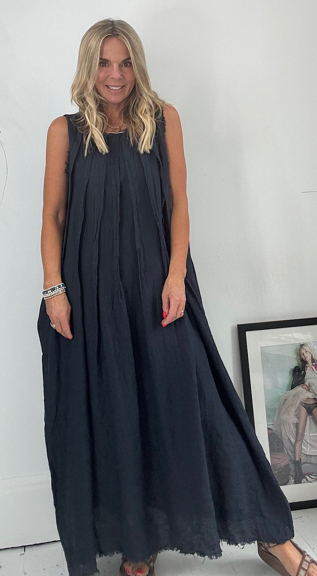 Pleated Linen Dress Navy