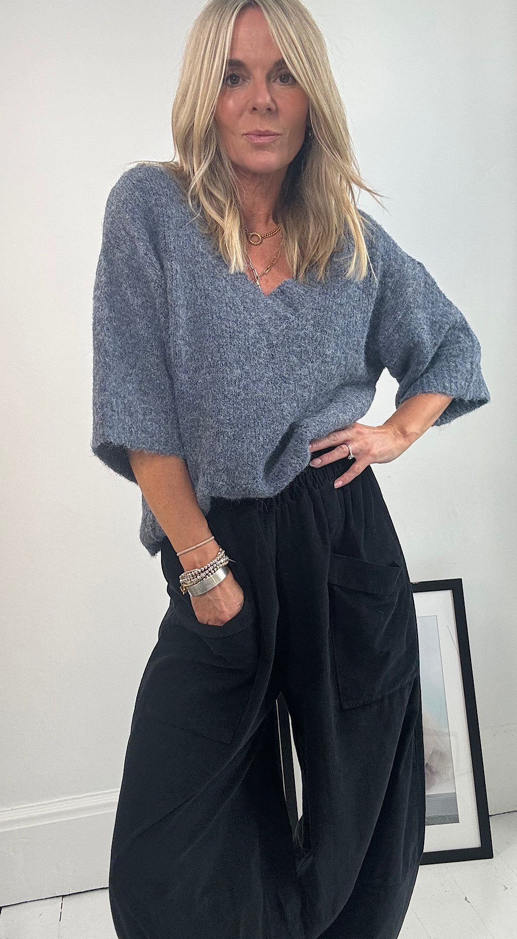 Danish crop sleeve knit blue/ grey