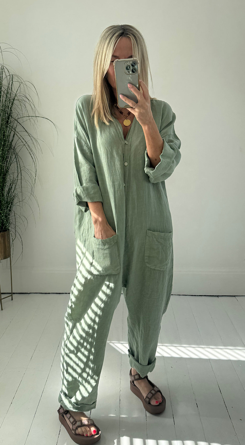 Linen boiler suit sage