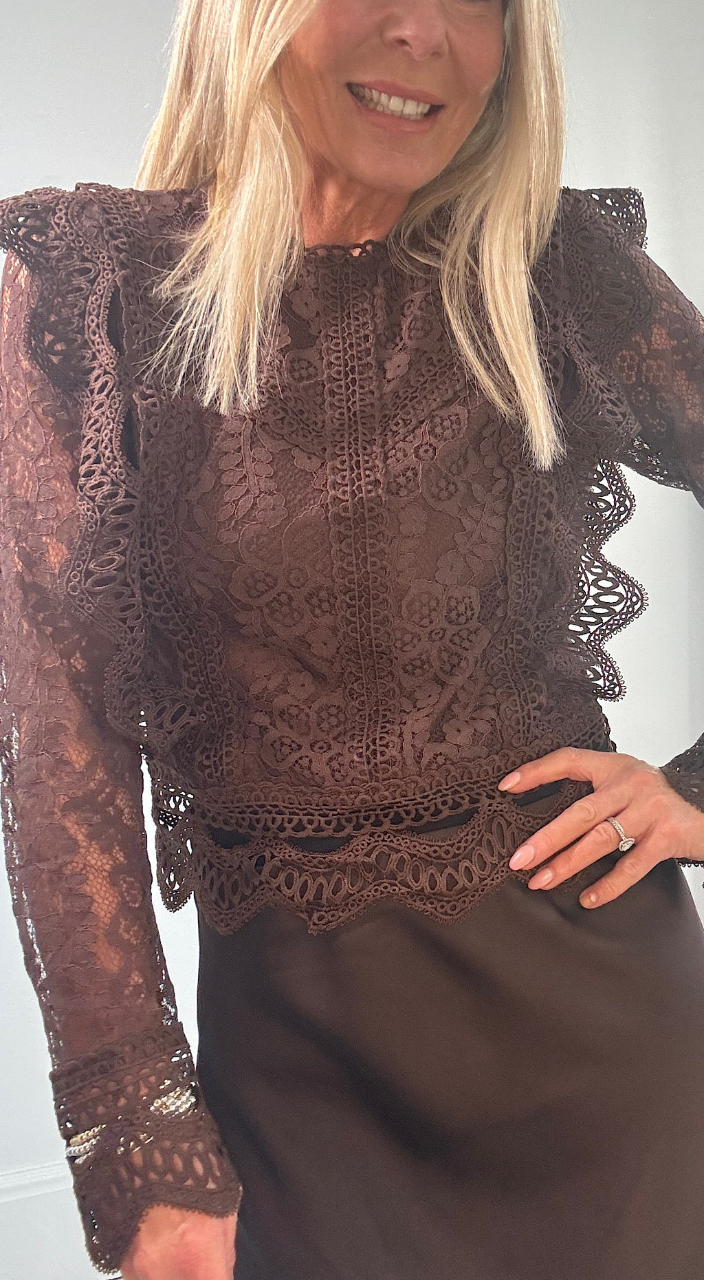French lace long sleeve top brown