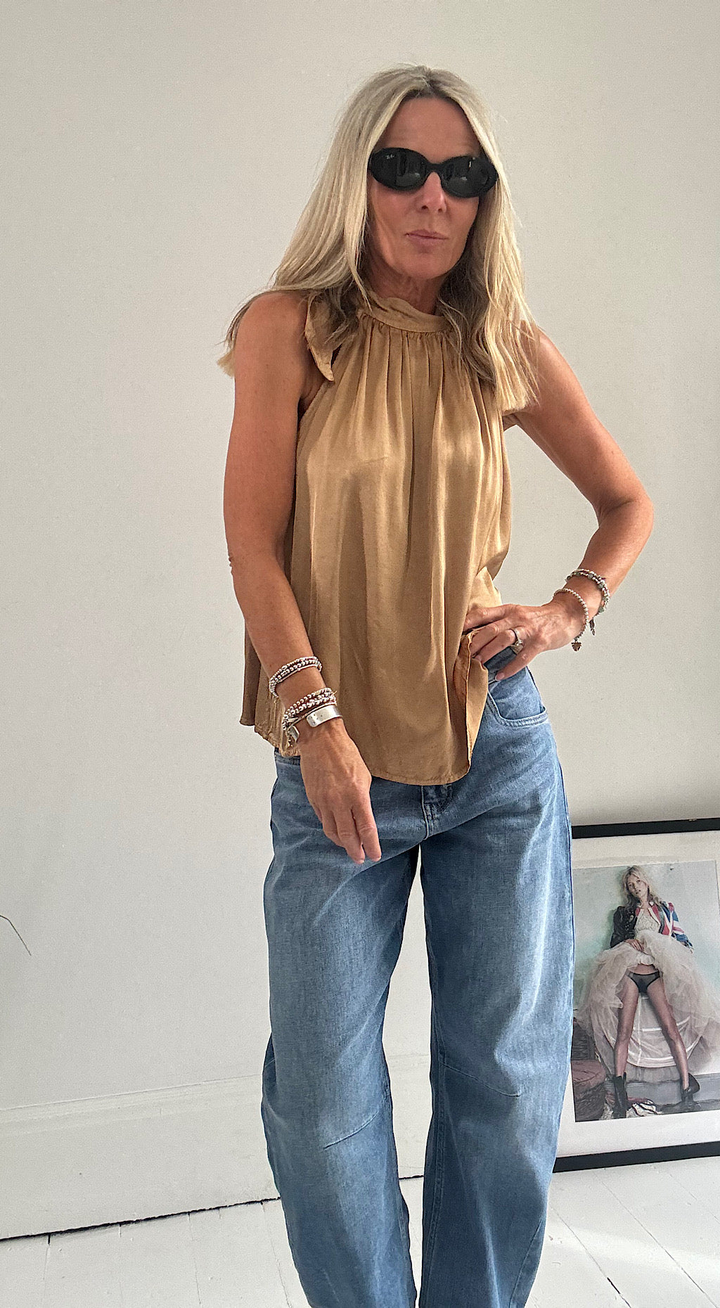 Satin halter top camel