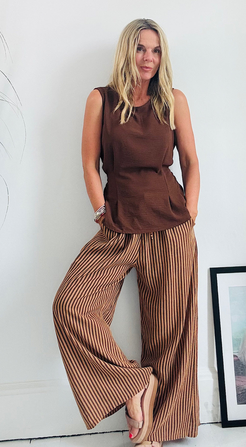 Linen Striped Pant - rust/brown mix