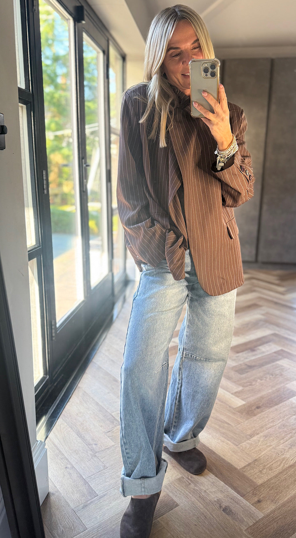 One button pinstripe blazer brown
