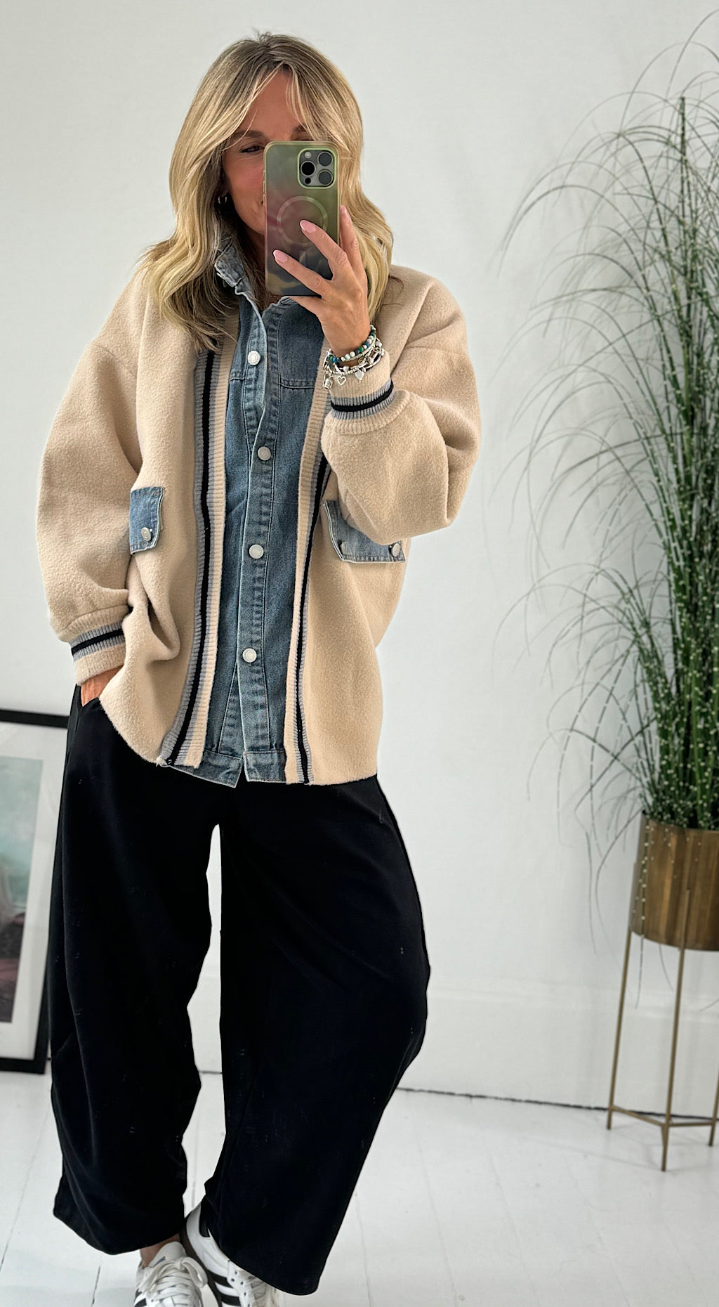 Denim Mix Cardigan Jacket - Camel