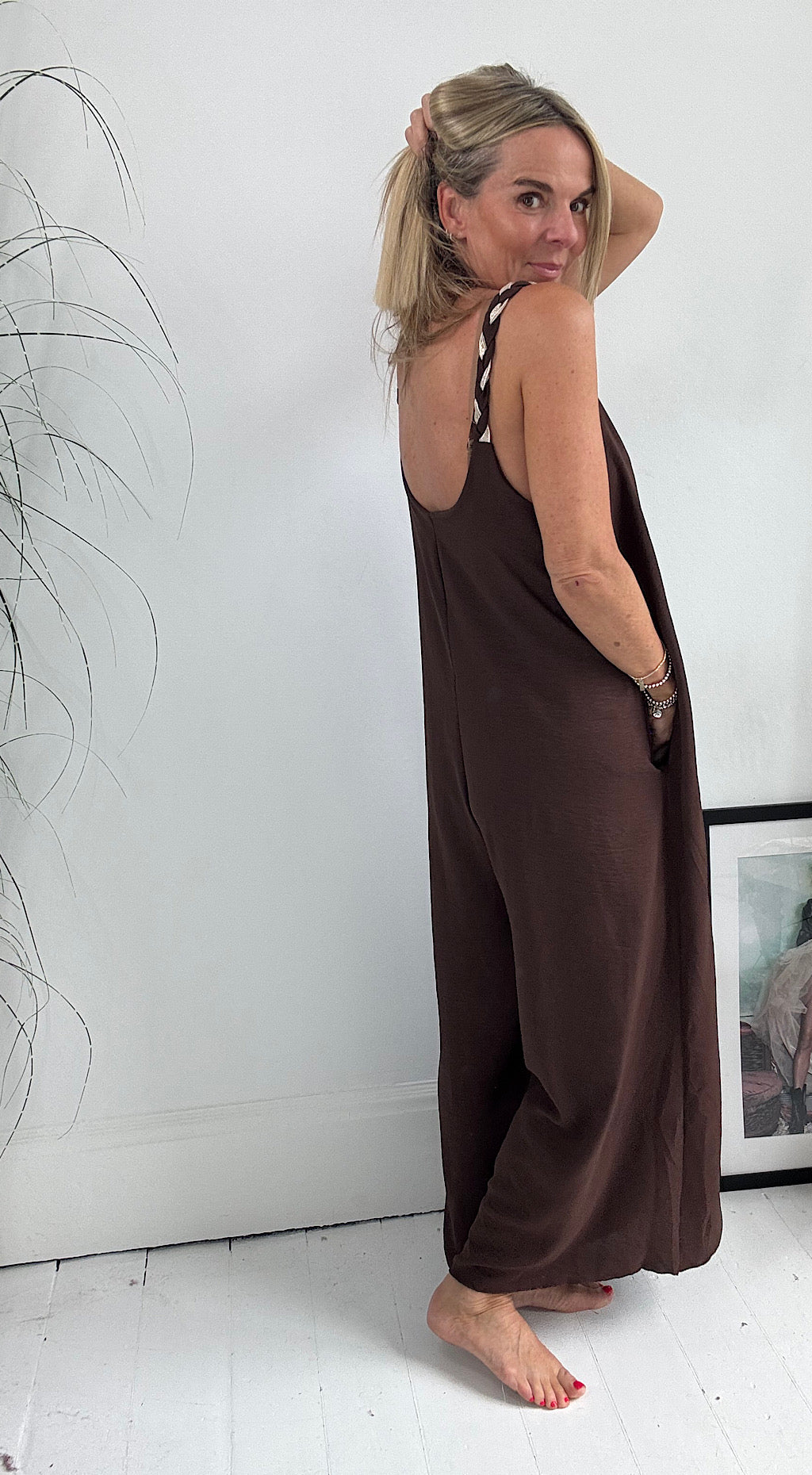 Plaited Strap Jumpsuit Chocolate