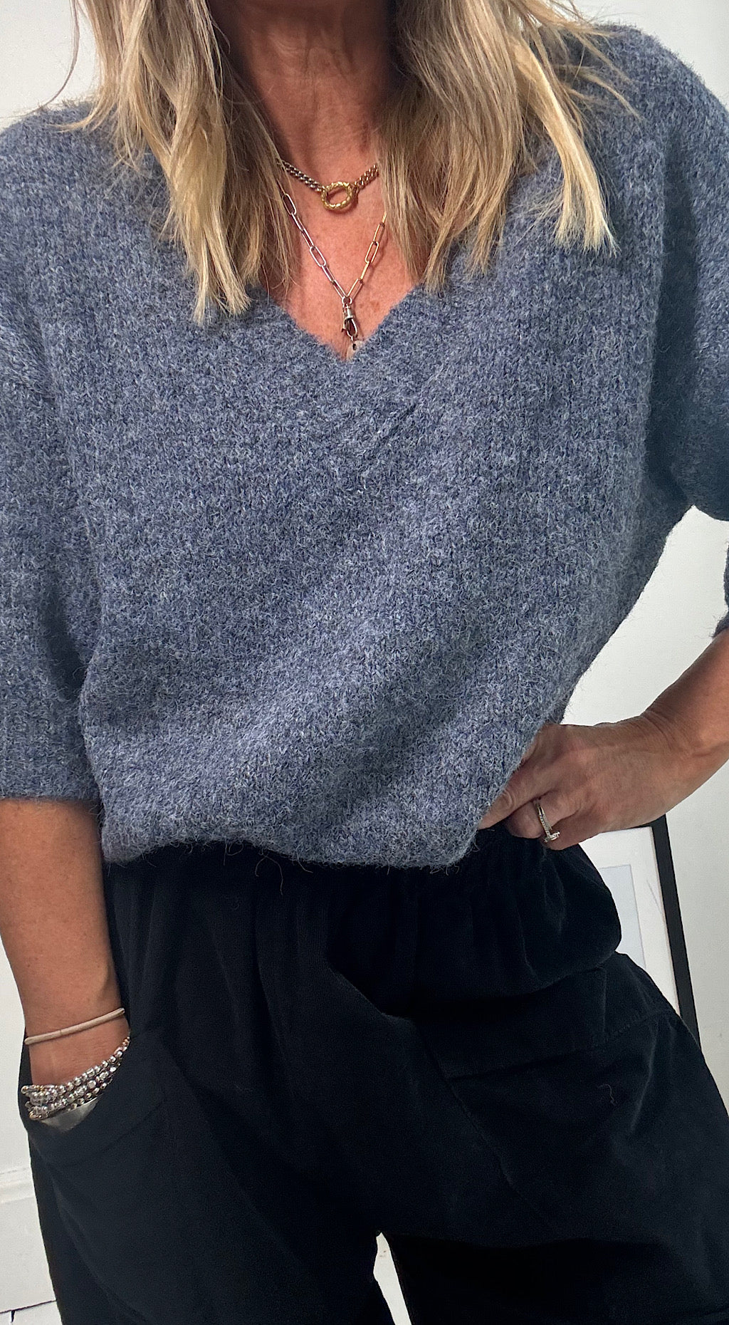 Danish crop sleeve knit blue/ grey