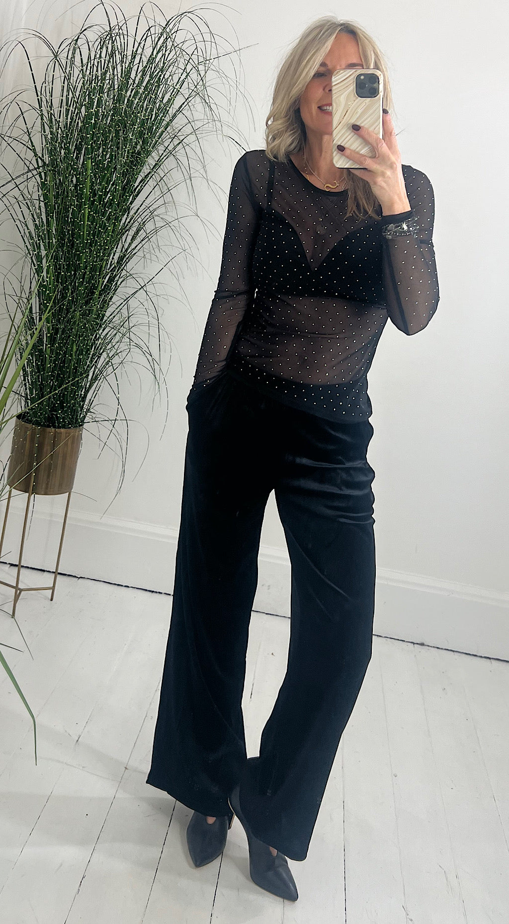 Joslyn Diamanté mesh top