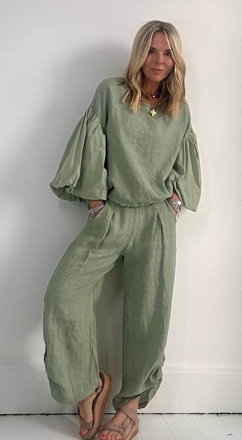 Puff Ball Linen Top - sage