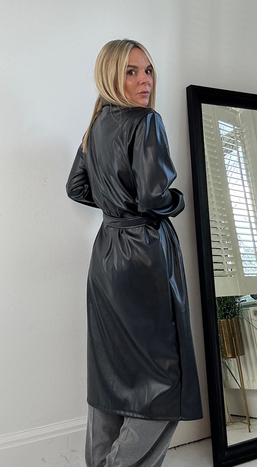 Vegan Leather Trench Coat - Black