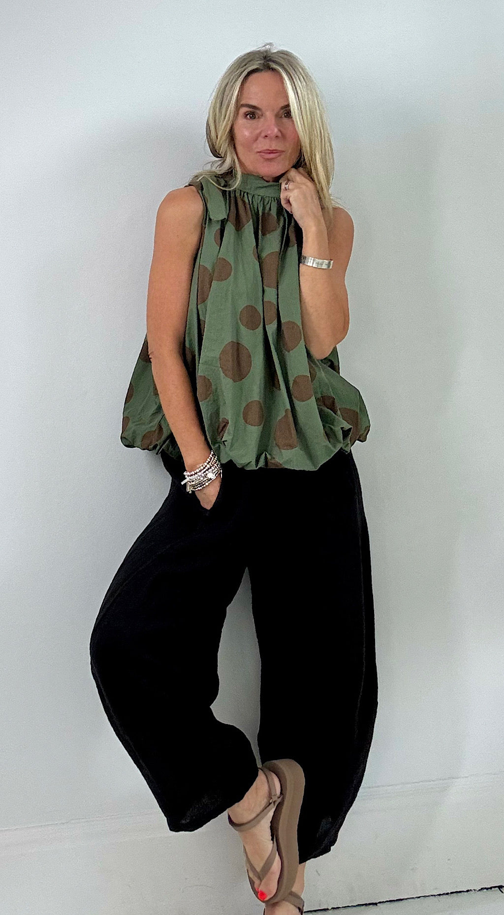 Polka puff ball top khaki