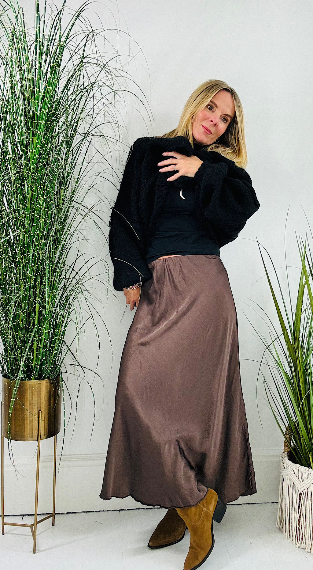 satin maxi skirt chocolate brown