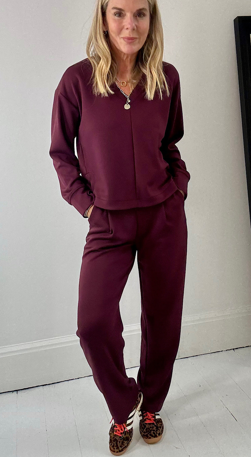 Posh pleat front track pants burgandy