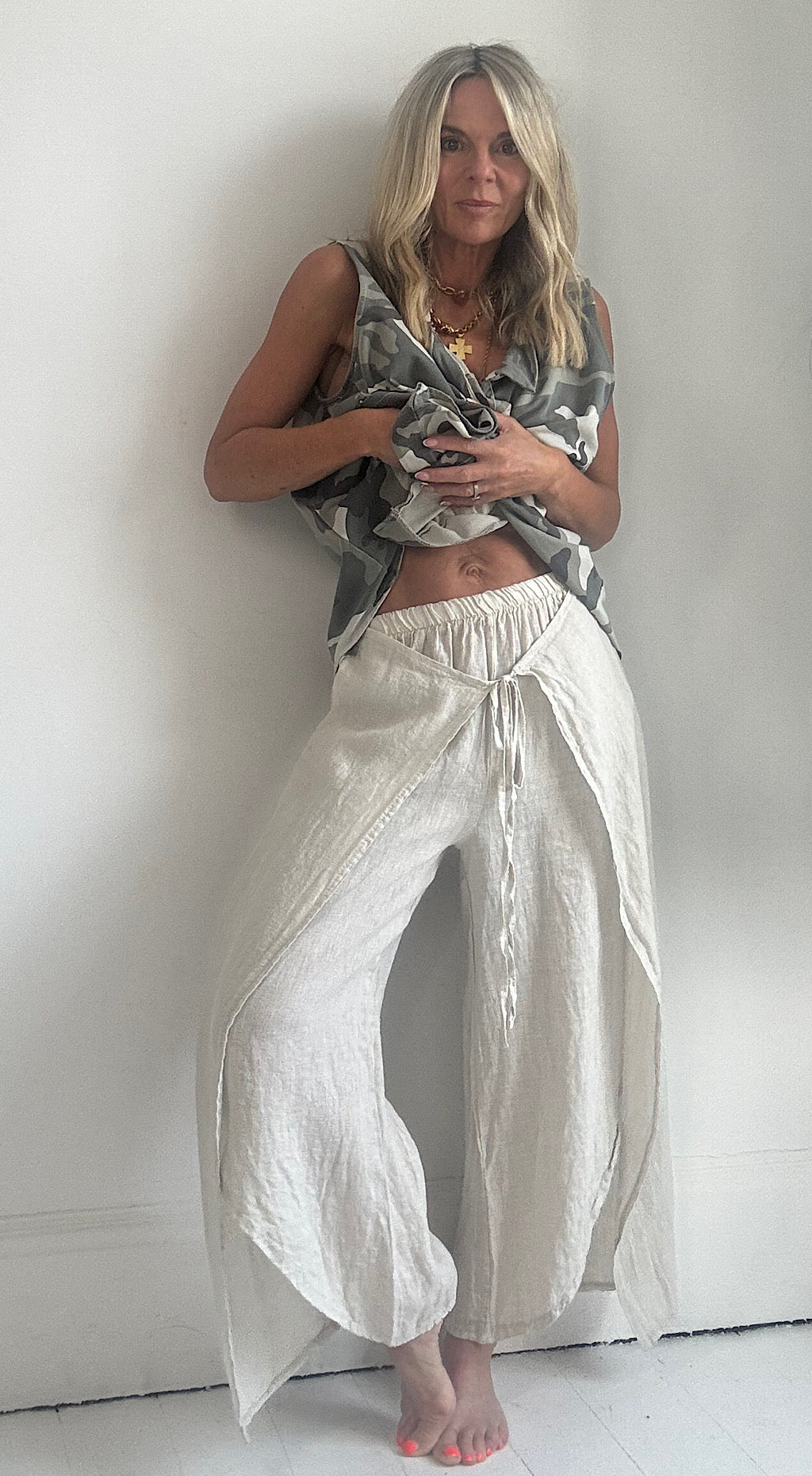 Linen wrap pants stone