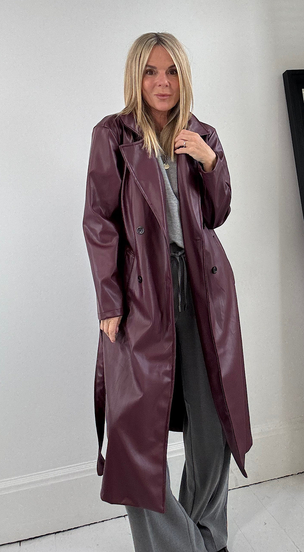 Vegan Leather Trench Coat - Burgundy