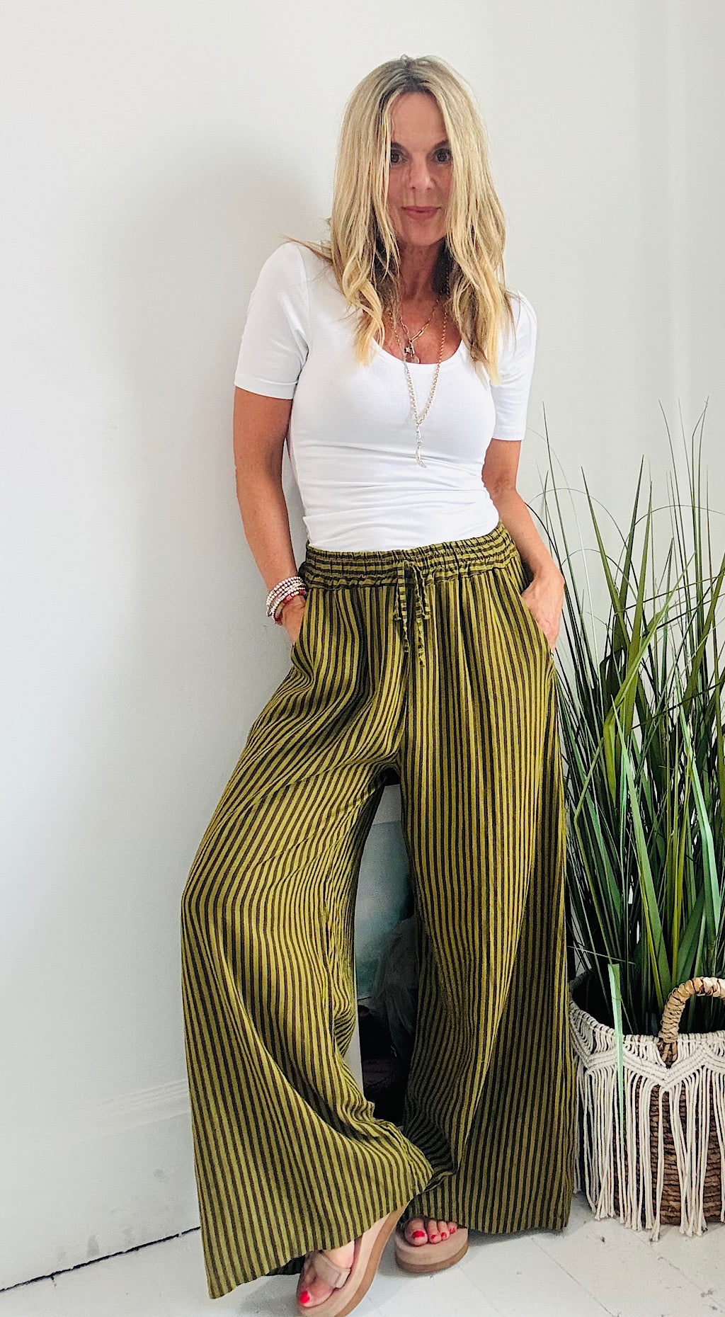 Linen Striped Pant - green/brown mix