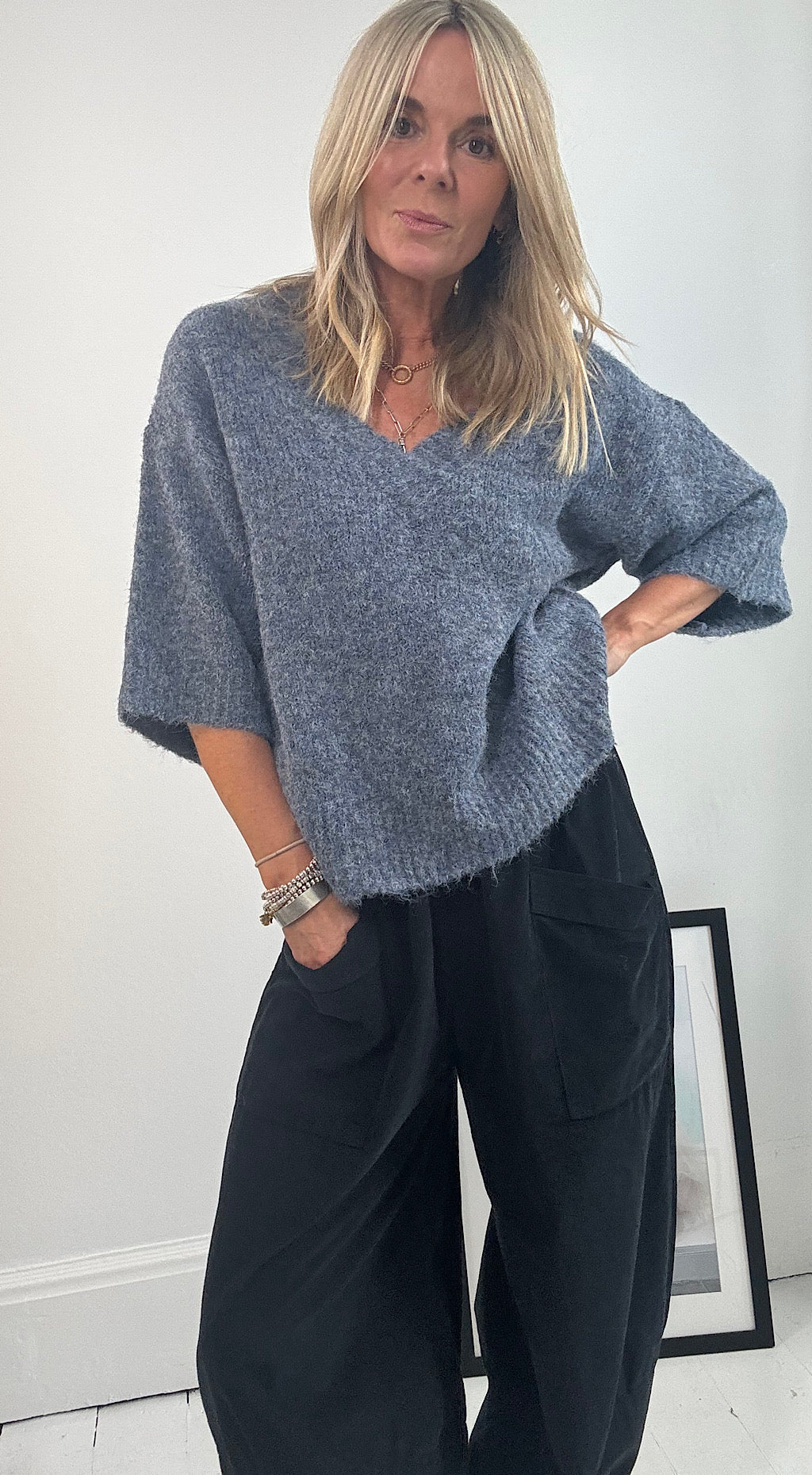 Danish crop sleeve knit blue/ grey