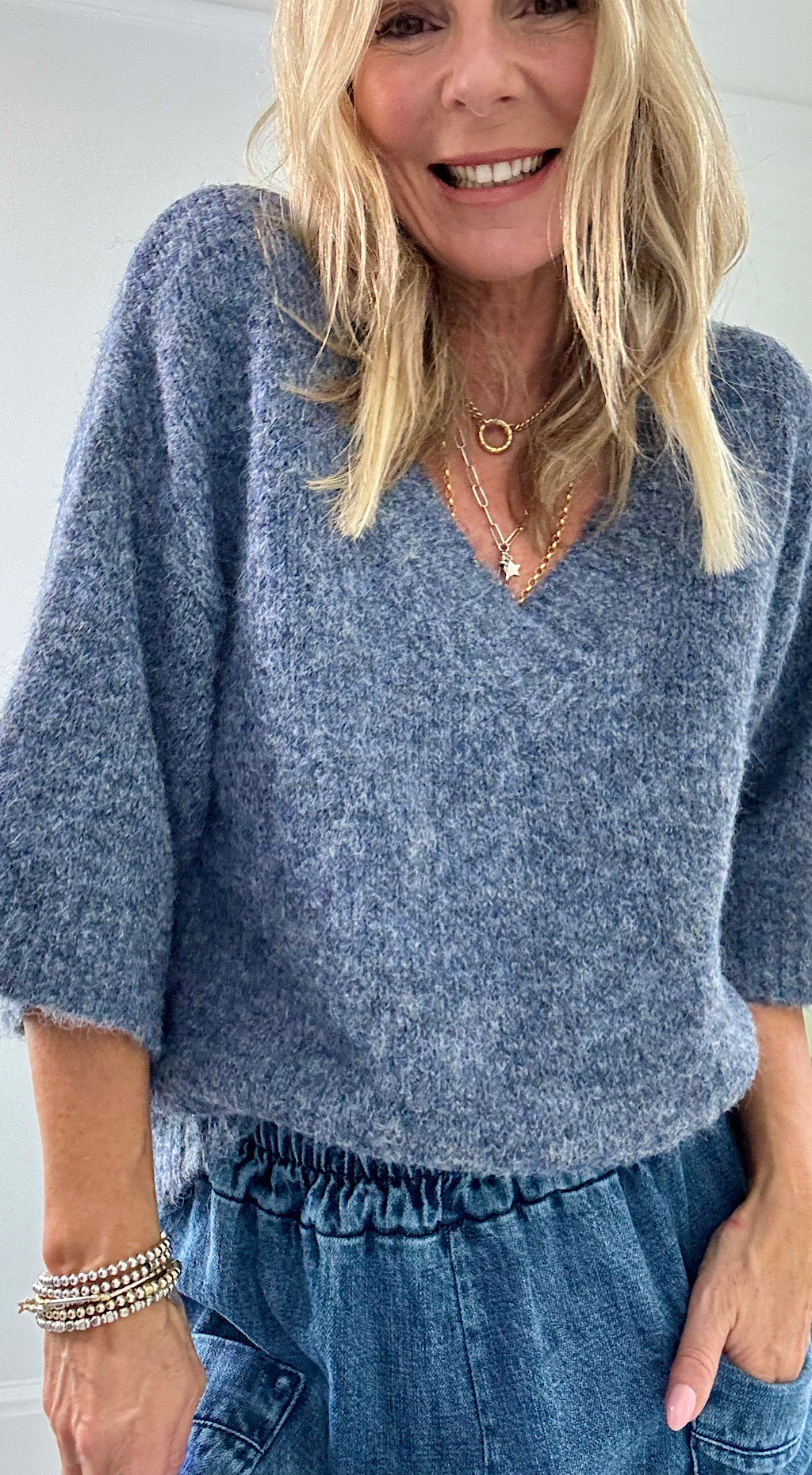 Danish crop sleeve knit blue/ grey